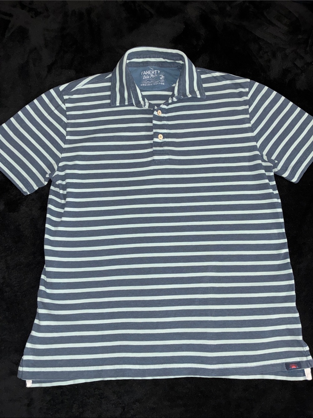 Faherty Navy and Mint Striped Polo